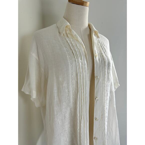 Laura Ashley Ivory Floral Stitch Short Sleeve Button Blouse Shirt 100% Linen, 4 - Picture 2 of 7
